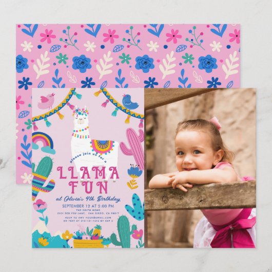 Invitation Llama Fun Alpaca Girl rose Anniversaire Photo (Devant / Derrière)
