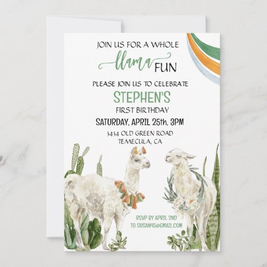Invitation Llama Fun Anniversaire Fête Fiesta Cactus (Devant)