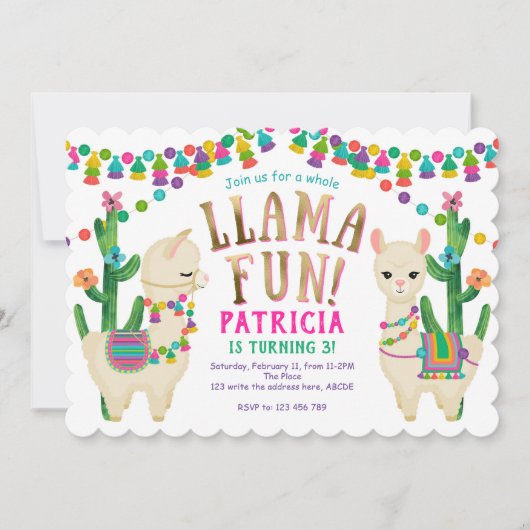 Invitation Llama Fun entier, fête d'anniversaire de Llama Inv (Devant)