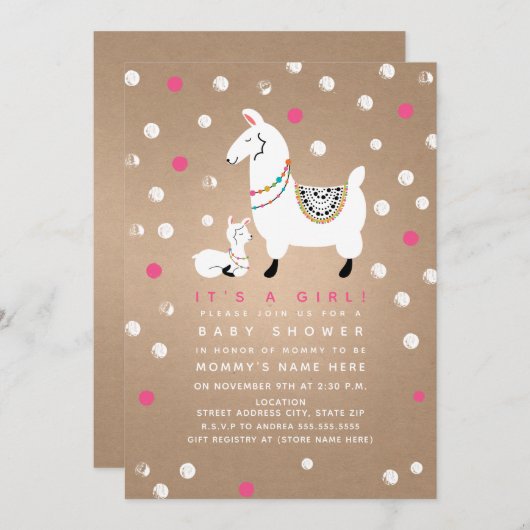 Invitation Llama Girl Baby shower (Devant / Derrière)
