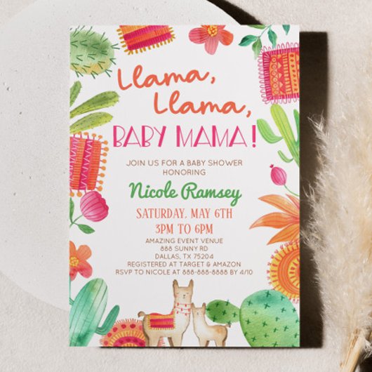 Invitation Llama Llama Baby Mama Cactus Fiesta Baby shower