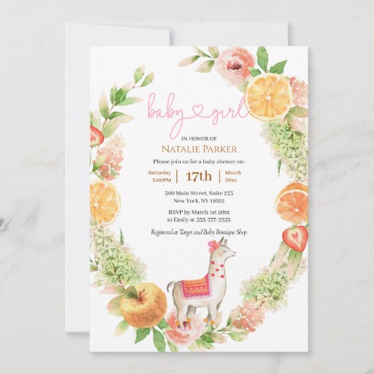 Invitation Llama Mama Agrumes Flore Vert Bébé Fille Douche (Devant)