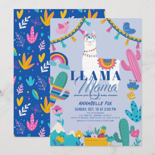 Invitation Llama Mama Alpaca Cactus Blue Boy Baby shower (Devant / Derrière)