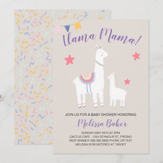Invitation Llama Mama Baby Llama Baby shower mignonne (Devant / Derrière)