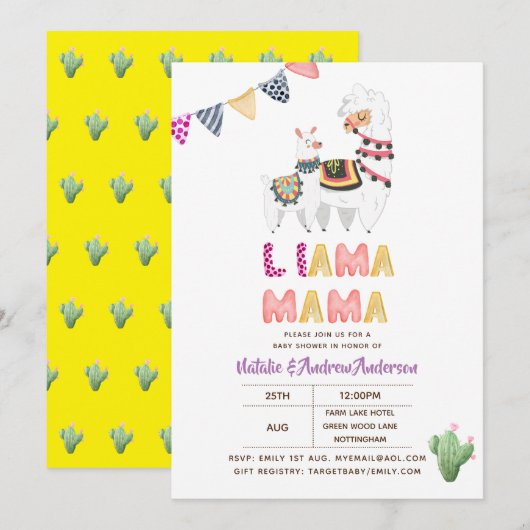 Invitation Llama Mama Baby shower Fiesta Cactus Cute Girls (Devant / Derrière)
