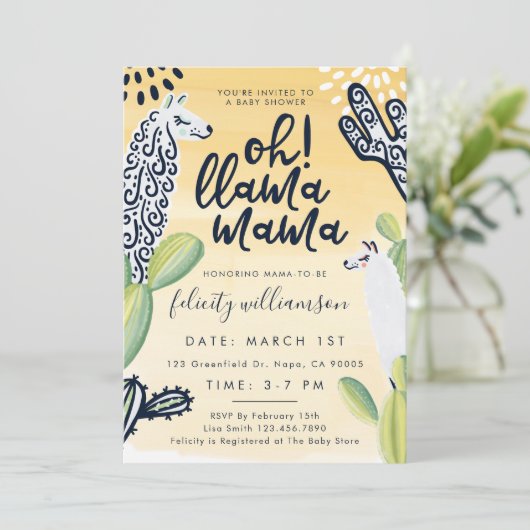 Invitation Llama Mama Baby shower neutre pour les femmes Invi (Debout devant)