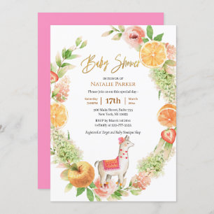 Invitation Llama Mama Citrus Baby shower de verdure fleurie