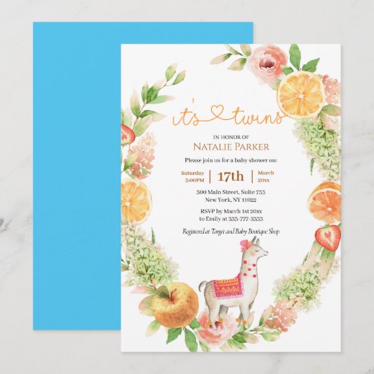 Invitation Llama Mama Citrus Verdure Twin Boys Baby shower (Devant / Derrière)
