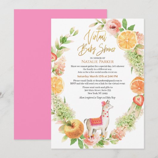 Invitation Llama Mama Floral Green Baby shower virtuel (Devant / Derrière)