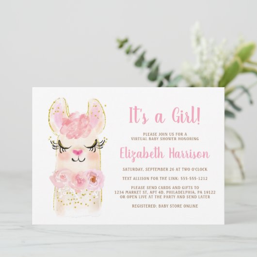 Invitation Llama Mama Rose Baby Girl Virtual Shower Invitatia (Debout devant)