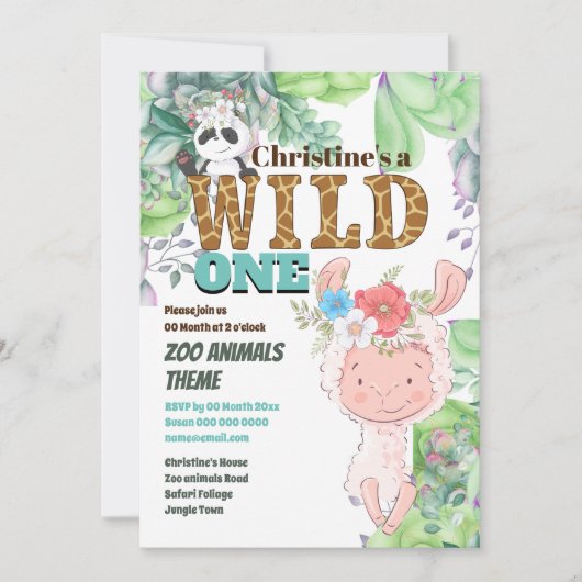 Invitation Llama panda ours mignon ferme jungle sauvage un (Devant)