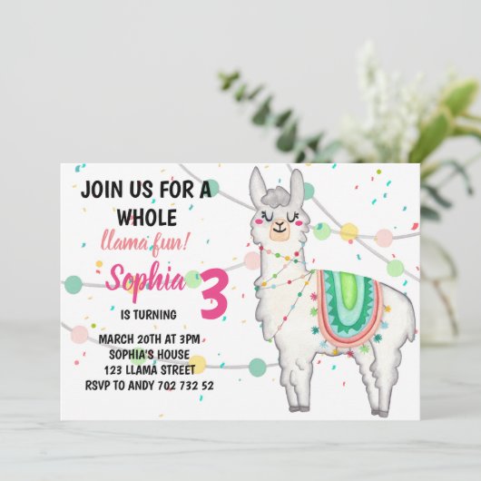 Invitation Llama Party Toute Llama Fun Girl Anniversaire (Debout devant)