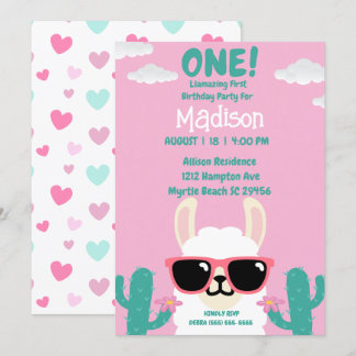 Invitation Llama Premier anniversaire Pink Green Party