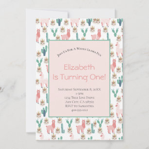 Invitation Llama Rose et Cactus Vert Anniversaire Enfants Mig