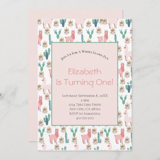 Invitation Llama rose et vert Cactus mignonne Anniversaire de (Devant / Derrière)