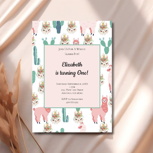 Invitation Llama rose et vert Cactus mignonne Anniversaire de