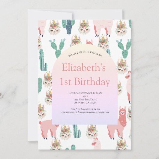 Invitation Llama rose et vert Cactus mignonne fille Anniversa (Devant)