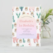 Invitation Llama rose et vert Cactus mignonne fille Anniversa (Debout devant)