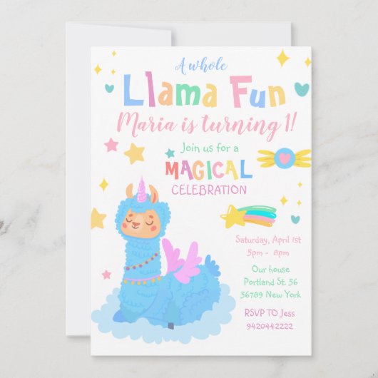 Invitation Llamacorn Fête magique Llama fun Anniversaire (Devant)
