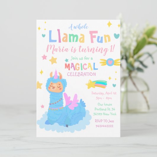 Invitation Llamacorn Fête magique Llama fun Anniversaire (Debout devant)