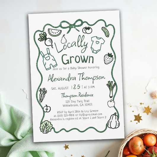 Invitation Locally Grown Hand Drawn Bow Clothes Baby Shower