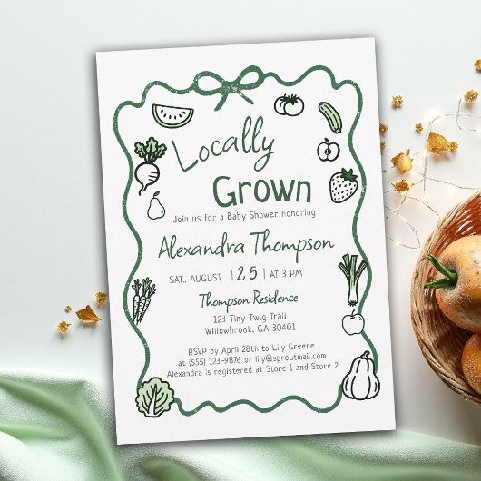 Invitation Locally Grown Hand Drawn Bow Squiggle Baby Shower