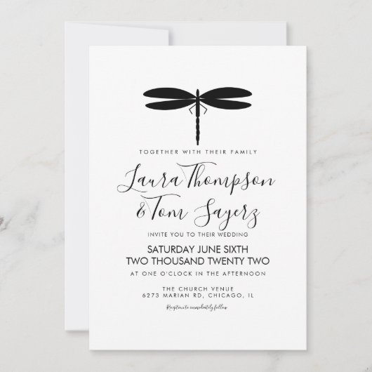 Invitation Logo de mariage simple libellule noir blanc (Devant)