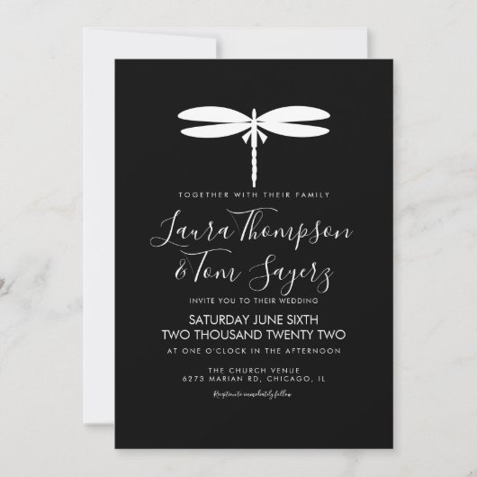 Invitation Logo Mariage de libellules modernes noir blanc (Devant)