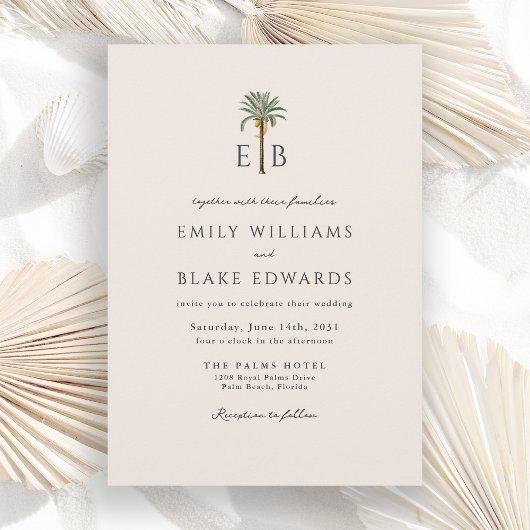 Invitation Logo Palmier Élégant Mariage Tropical Monogramme
