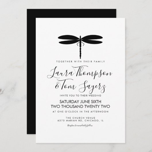 Invitation Logo simple Mariage de libellules Noir Blanc (Devant / Derrière)