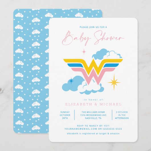 Invitation Logo Wonder Woman | BABY SHOWER (Devant / Derrière)