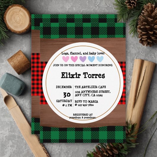 Invitation Logs Flannel Rustic Plaid Hearts Baby shower