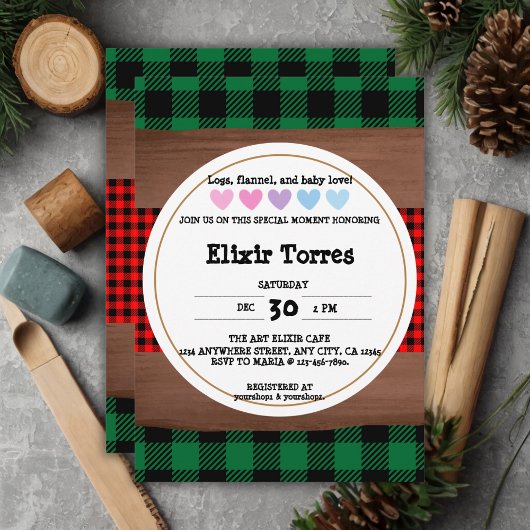 Invitation Logs Flannel Rustic Plaid Hearts Baby shower