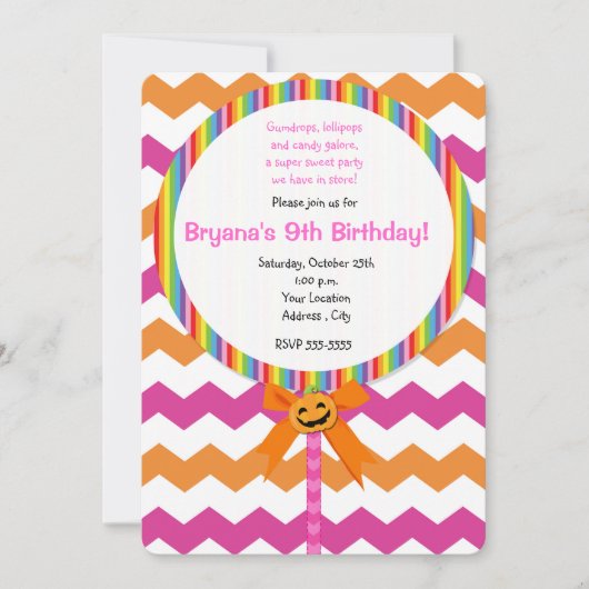 Invitation Lollipop Chevron Rose Citrouille d'Hall (Devant)