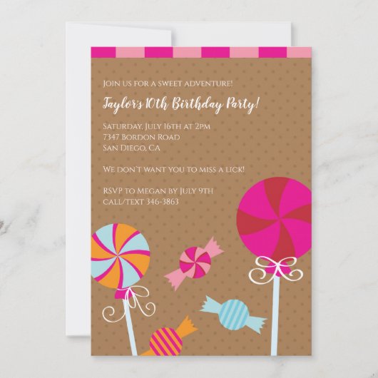 Invitation Lollipop moderne : Candy Brown rose fête d'anniver (Devant)