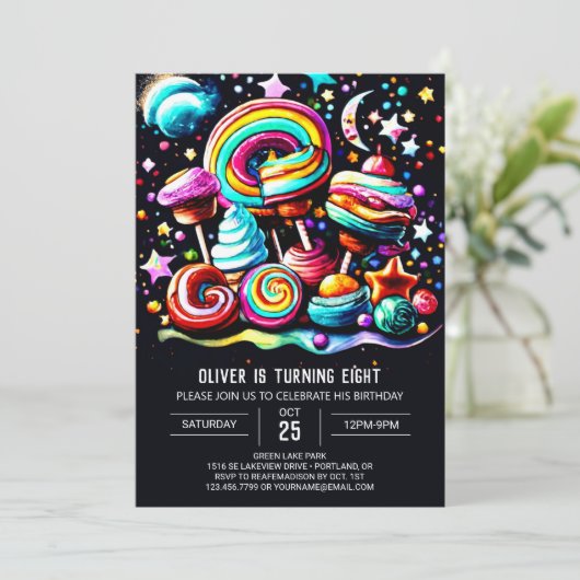 Invitation Lollipop Wonderland moderne Anniversaire (Debout devant)