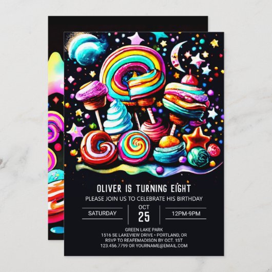 Invitation Lollipop Wonderland moderne Anniversaire (Devant / Derrière)