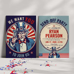 Invitation L'Oncle vintage Sam L'armée américaine s'éloigne d<br><div class="desc">Cette amusante militaire de l'Oncle vintage Sam s'en va / adieu / invitation de la fête d'envoi, présente un dessin patriotique rouge, blanc et bleu de l'Oncle Sam avec le libellé "We want YOU.. to join us" et des étoiles en détresse sur le front, et l'accent du drapeau américain, "pour...</div>