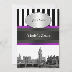 Invitation London Skyline BW Blk Wht Strp Purple Bridal Shwr