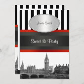 Invitation London Skyline BW Blk Wht Strp Red Sweet 16 Party (Devant / Derrière)