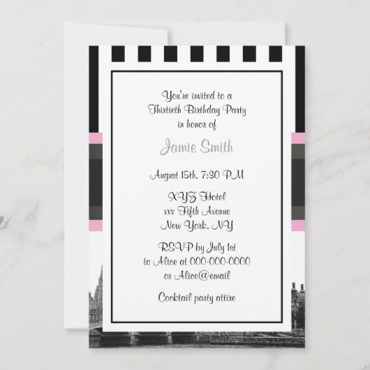 Invitation London Skyline BW Blk Wht Strp Rose Anniversaire P (Dos)