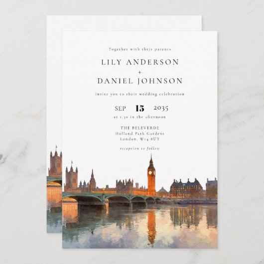 Invitation London Skyline Watercolor Elegant Wedding (Devant / Derrière)