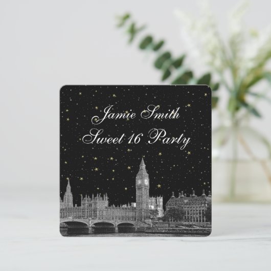 Invitation Londres Royaume-Uni Skyline Etched Starry do-it-yo (Debout devant)