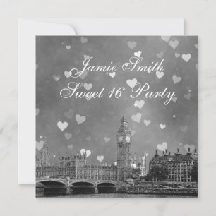 Invitation Londres Royaume-Uni Skyline Gris Blanc Cœur Seize