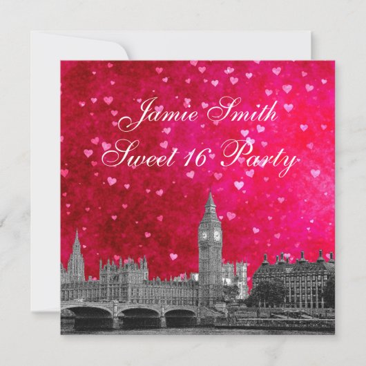 Invitation Londres Royaume-Uni Skyline Hot Rose Red Heart Swe (Devant)