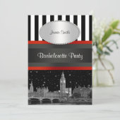 Invitation Londres Skyline BW Blk Wht Stripe Red Bachelorette (Debout devant)