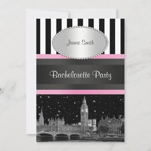 Invitation Londres Skyline BW Blk Wht Strp Rose Bachelorette (Devant)