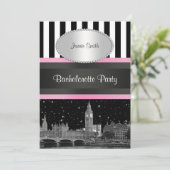 Invitation Londres Skyline BW Blk Wht Strp Rose Bachelorette (Debout devant)