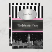 Invitation Londres Skyline BW Blk Wht Strp Rose Bachelorette (Devant / Derrière)