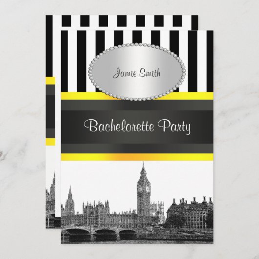 Invitation Londres Skyline BW Blk Wht Strp Ylo P Bachelorette (Devant / Derrière)